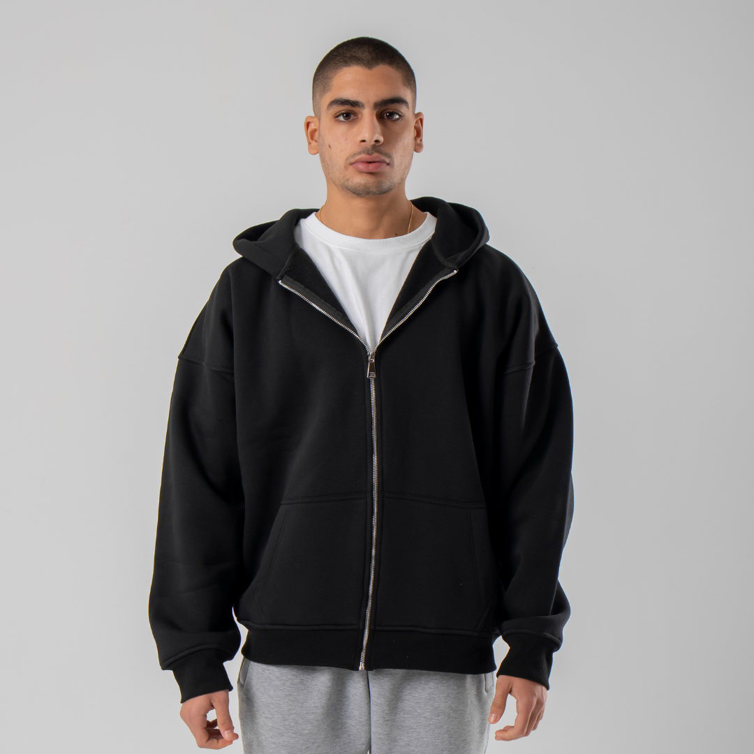 Drop Shoulder Zip-up Hoodie - Black