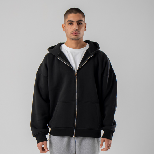 Drop Shoulder Zip-up Hoodie - Black