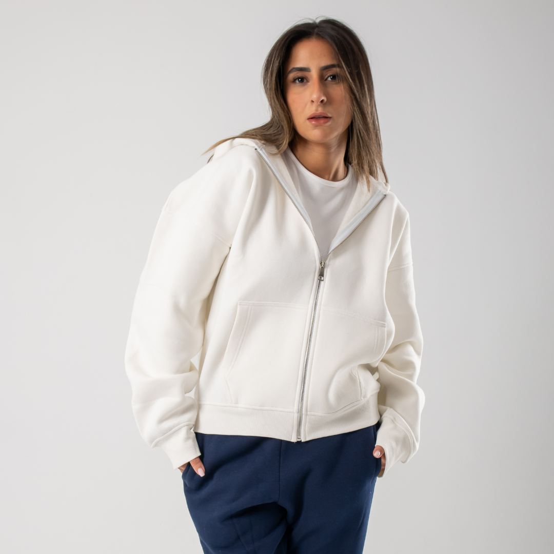 Drop Shoulder Zip-up Hoodie - White