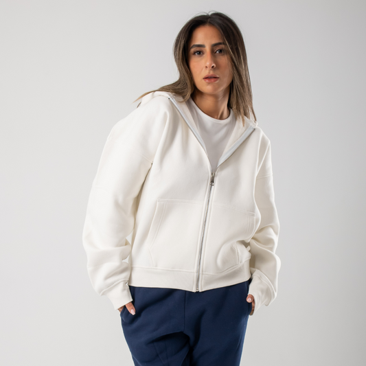 Drop Shoulder Zip-up Hoodie - White