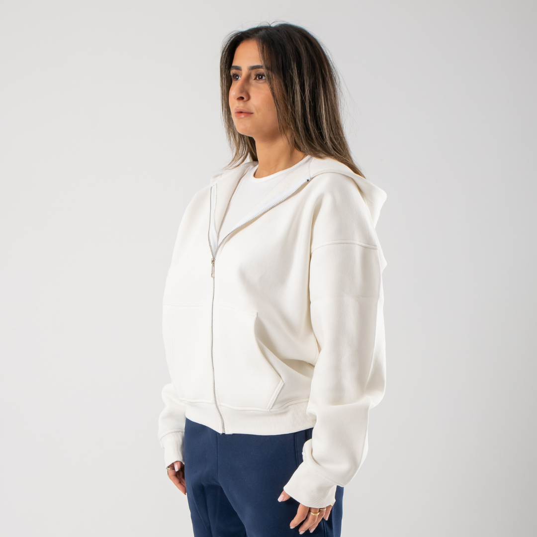 Drop Shoulder Zip-up Hoodie - White