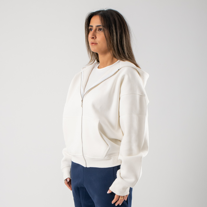 Drop Shoulder Zip-up Hoodie - White