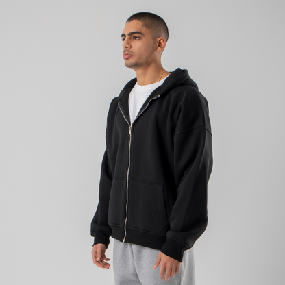 Drop Shoulder Zip-up Hoodie - Black