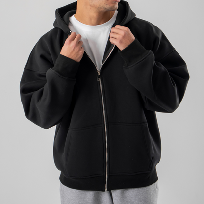 Drop Shoulder Zip-up Hoodie - Black