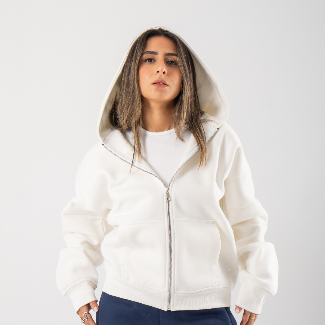 Drop Shoulder Zip-up Hoodie - White