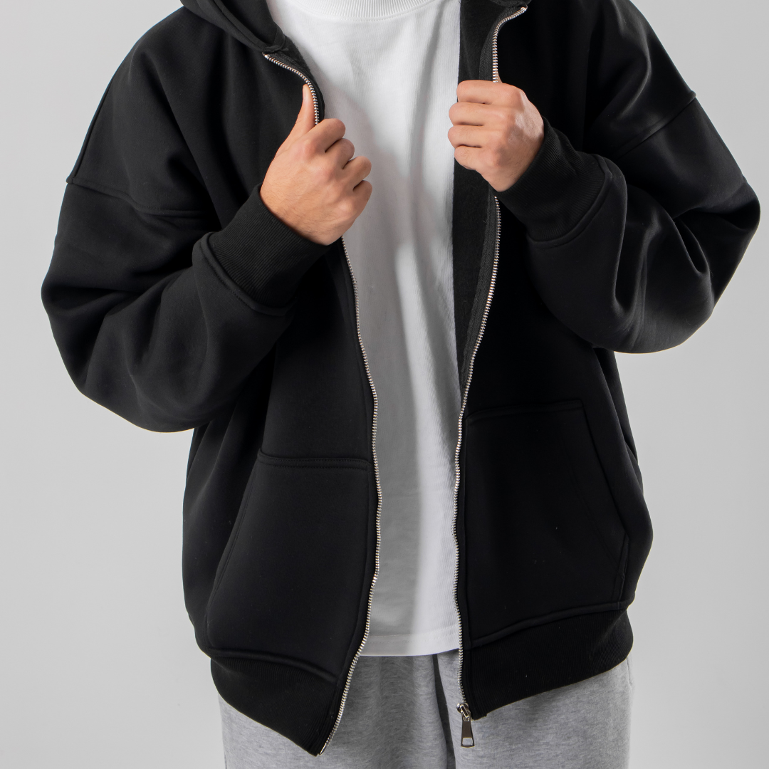 Drop Shoulder Zip-up Hoodie - Black