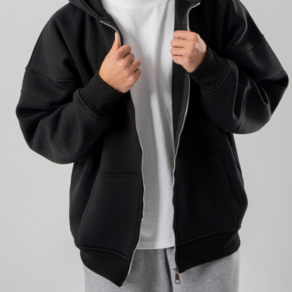 Drop Shoulder Zip-up Hoodie - Black