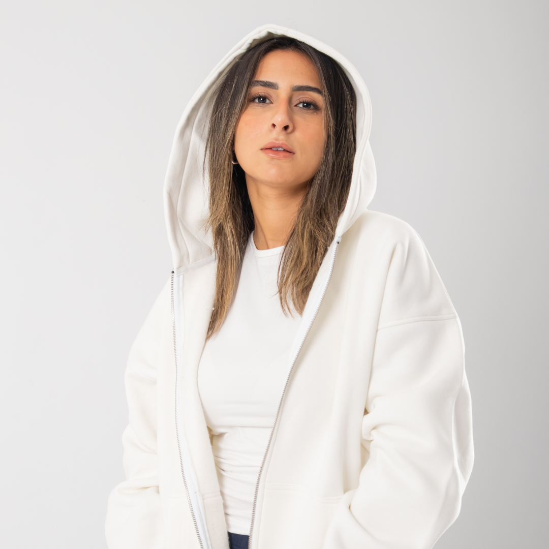 Drop Shoulder Zip-up Hoodie - White