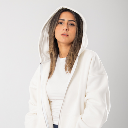 Drop Shoulder Zip-up Hoodie - White