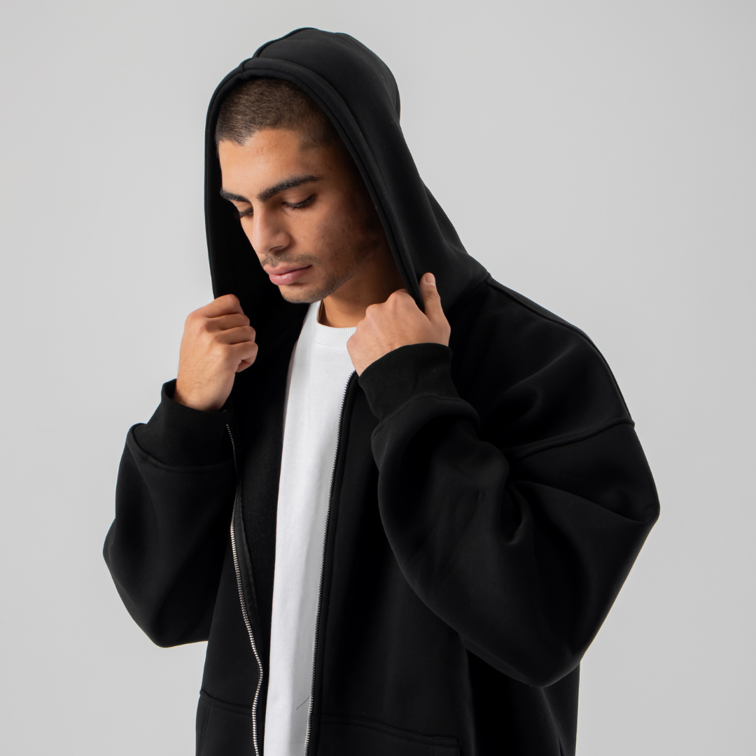 Drop Shoulder Zip-up Hoodie - Black