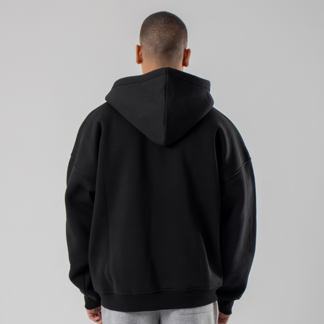 Drop Shoulder Zip-up Hoodie - Black
