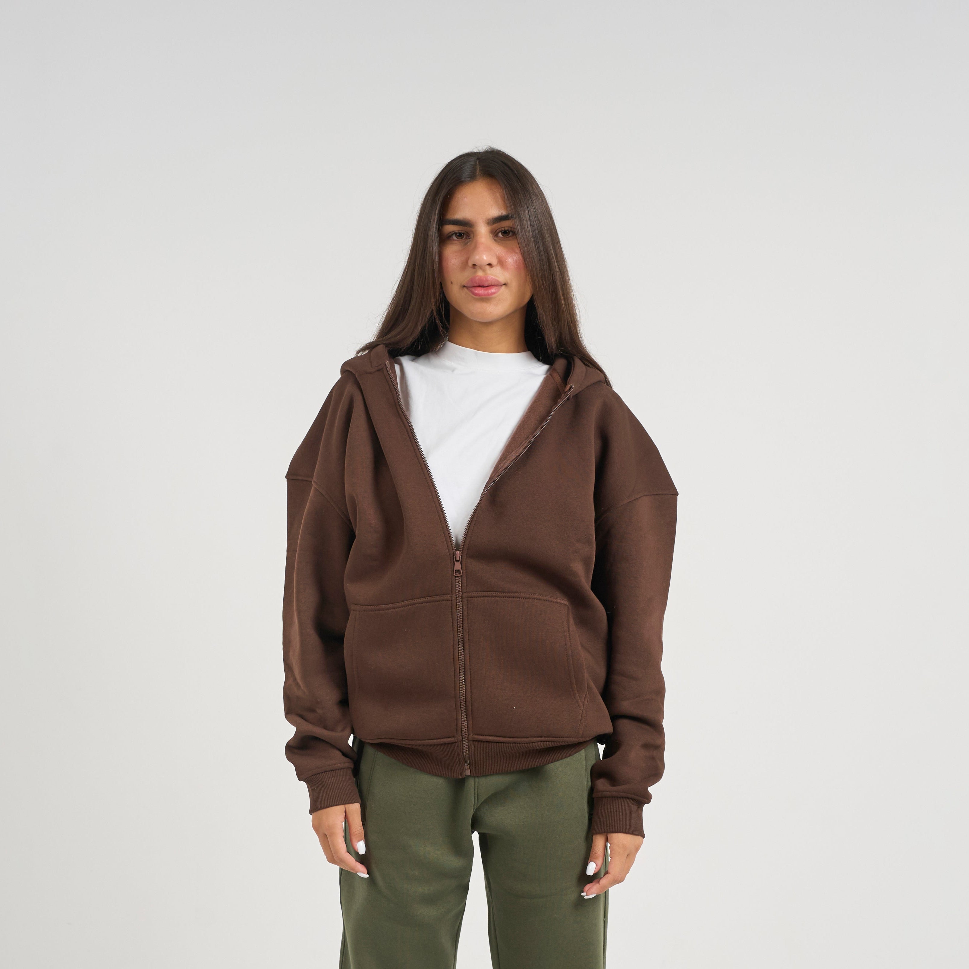 Drop Shoulder Zip-up - Brown