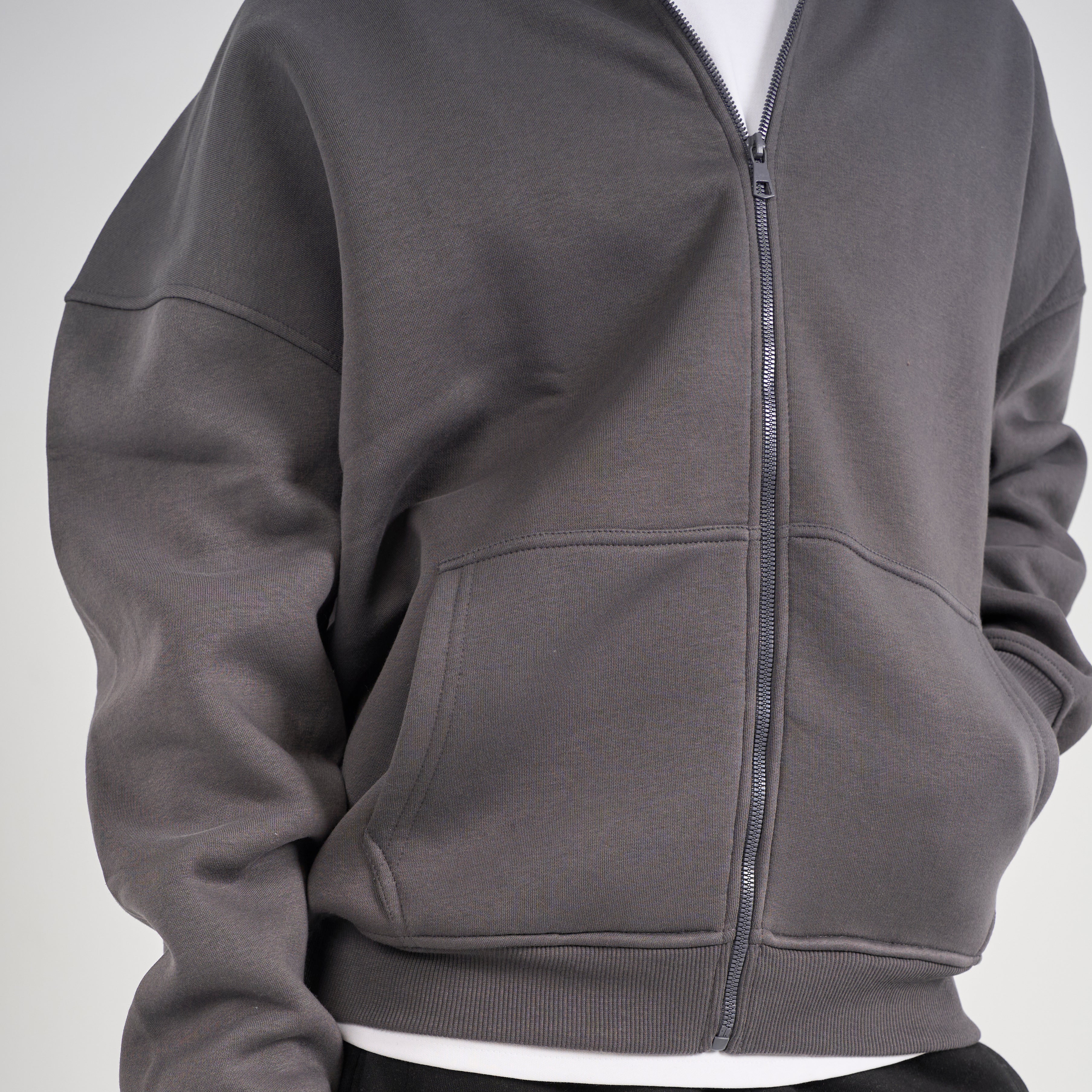 Drop Shoulder Zip-up - Charcoal Grey