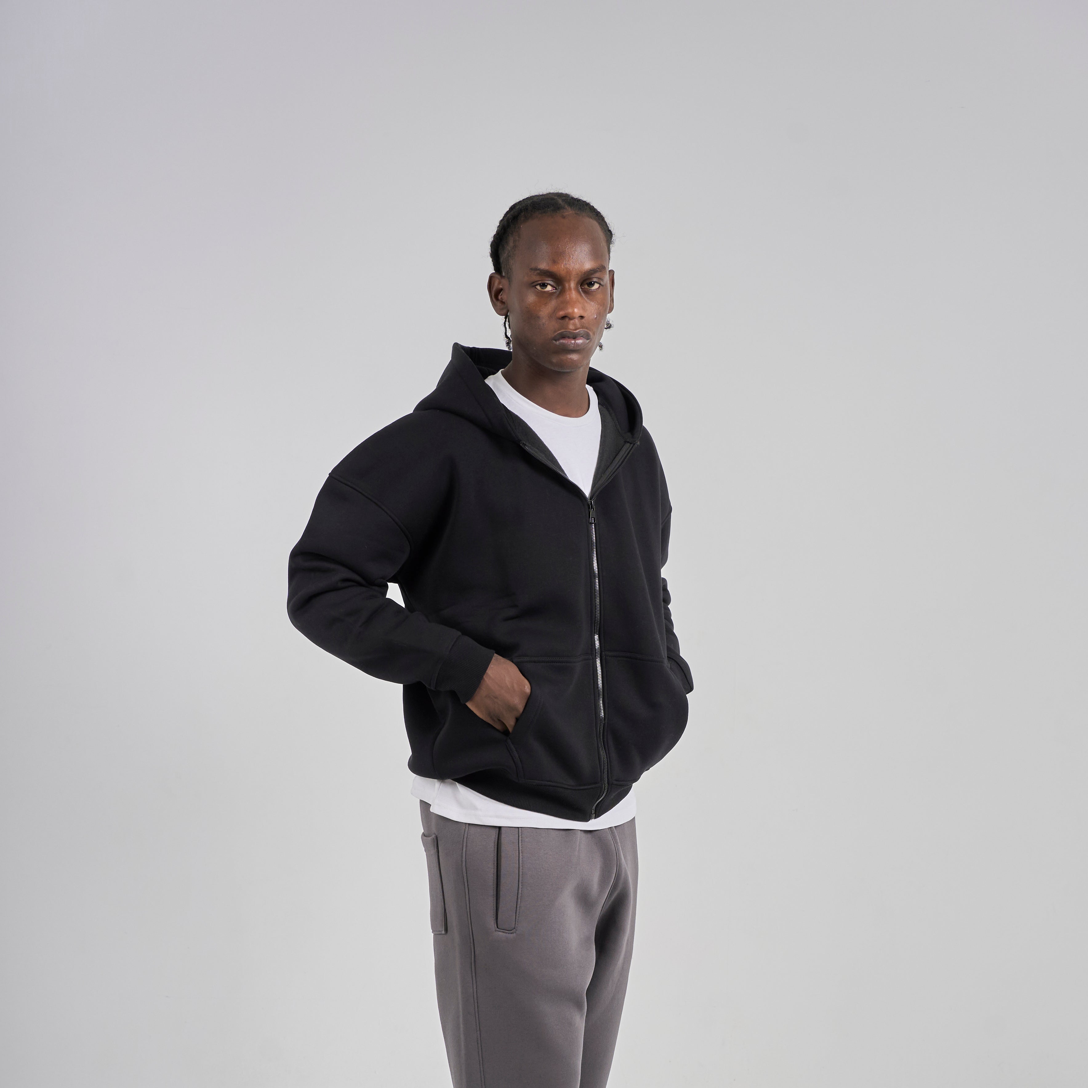 Drop Shoulder Zip-up - Black