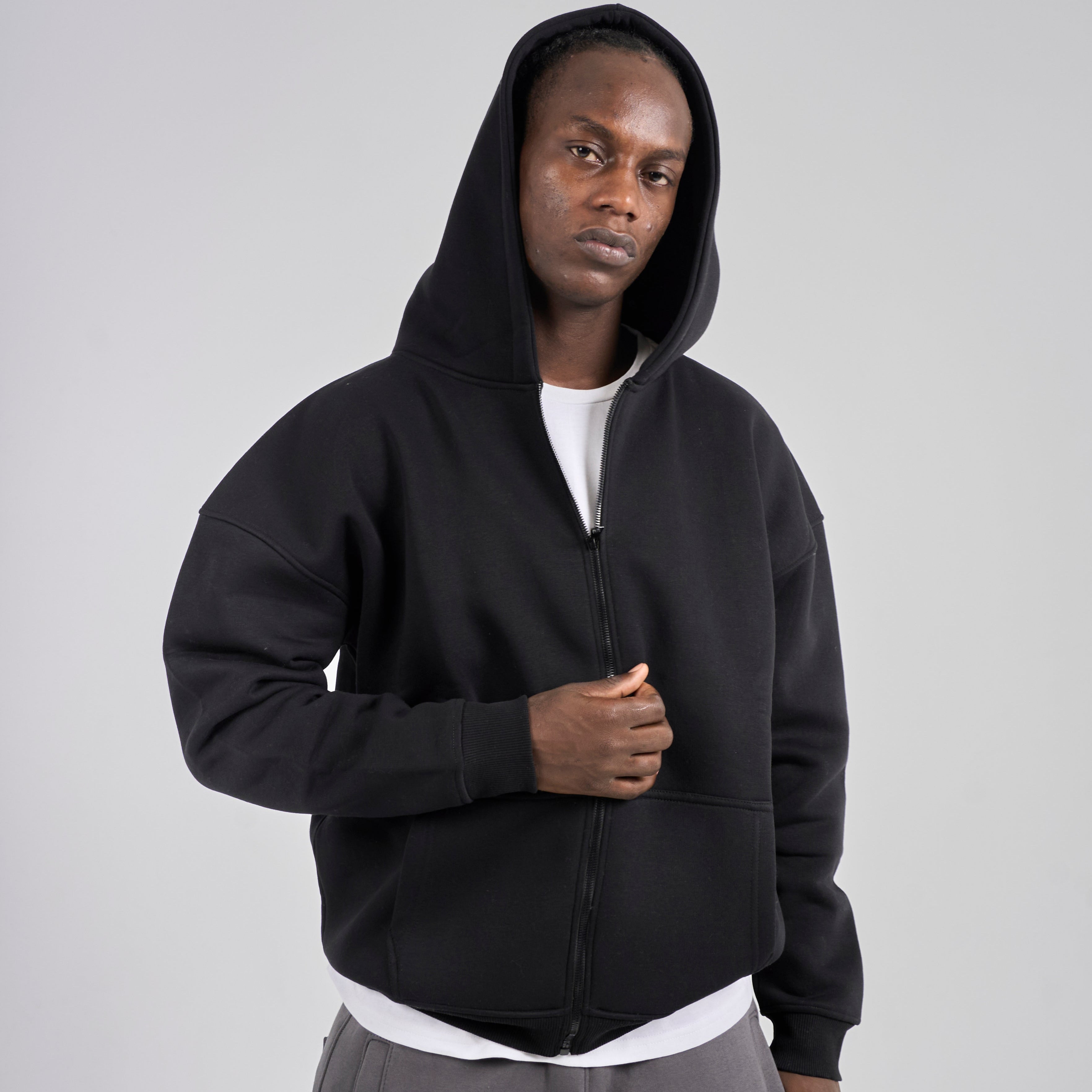 Drop Shoulder Zip-up - Black