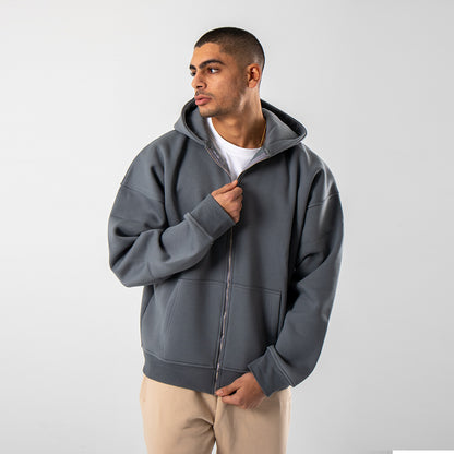 Drop Shoulder Zip-up Hoodie - Grey